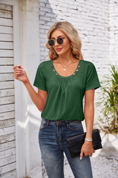 Cheky - Women's Short-sleeved T-shirt Summer Button Square Collar Pleated Design Solid Color Loose T-shirt Womens Clothing