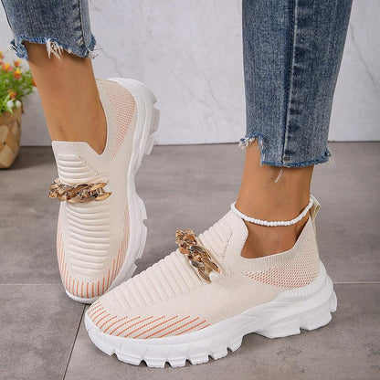 Cheky - Fashion Chain Design Mesh Shoes For Women Breathable Casual Soft Sole Walking Sock Slip On Flat Shoes