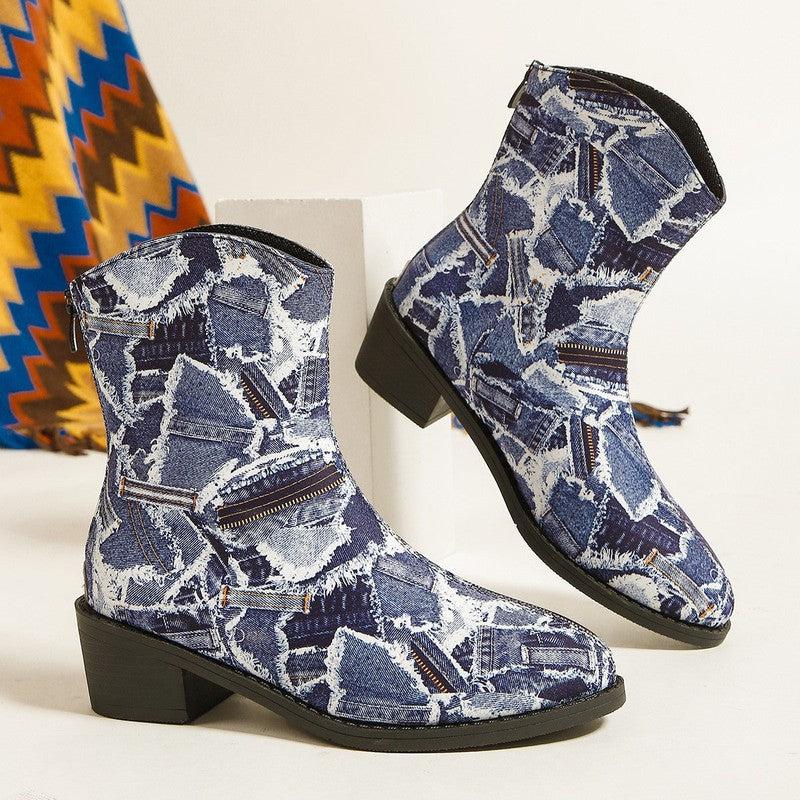 Cheky - Patchwork Denim Boots Fashion Autumn And Winter Outerwear Round Toe Square Heel Shoes With Back Zipper Casual Cowboy Boots