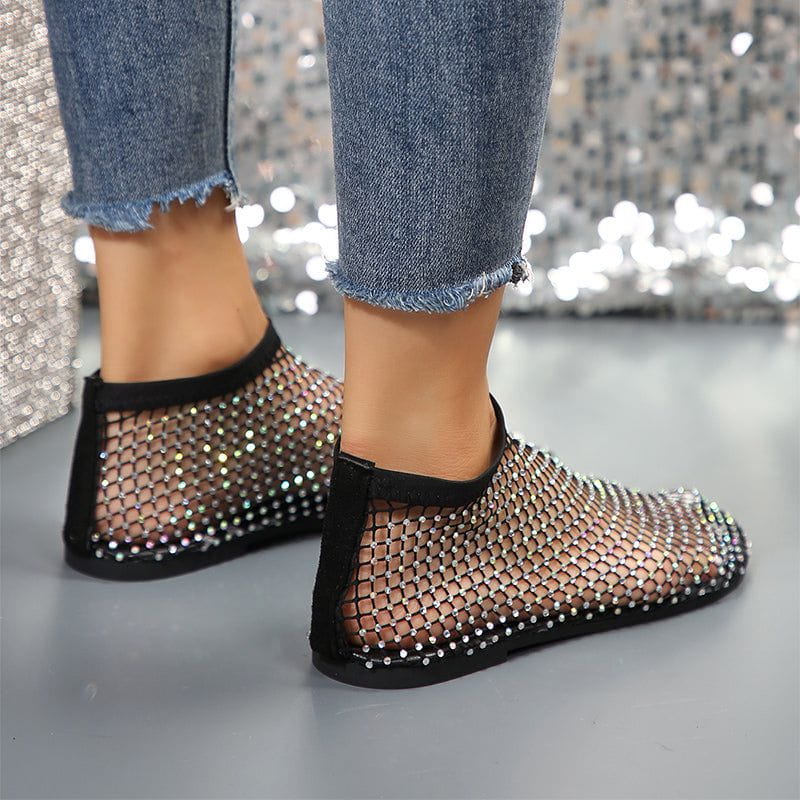 Cheky - New Hollow Flat Sandals With Rhinestone Design Summer Fashion Round Toe Shoes For Women