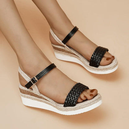 Cheky - Summer Thick-soled Braided Design Sandals New Fashion Casual Linen Buckle Wedges Shoes For Women