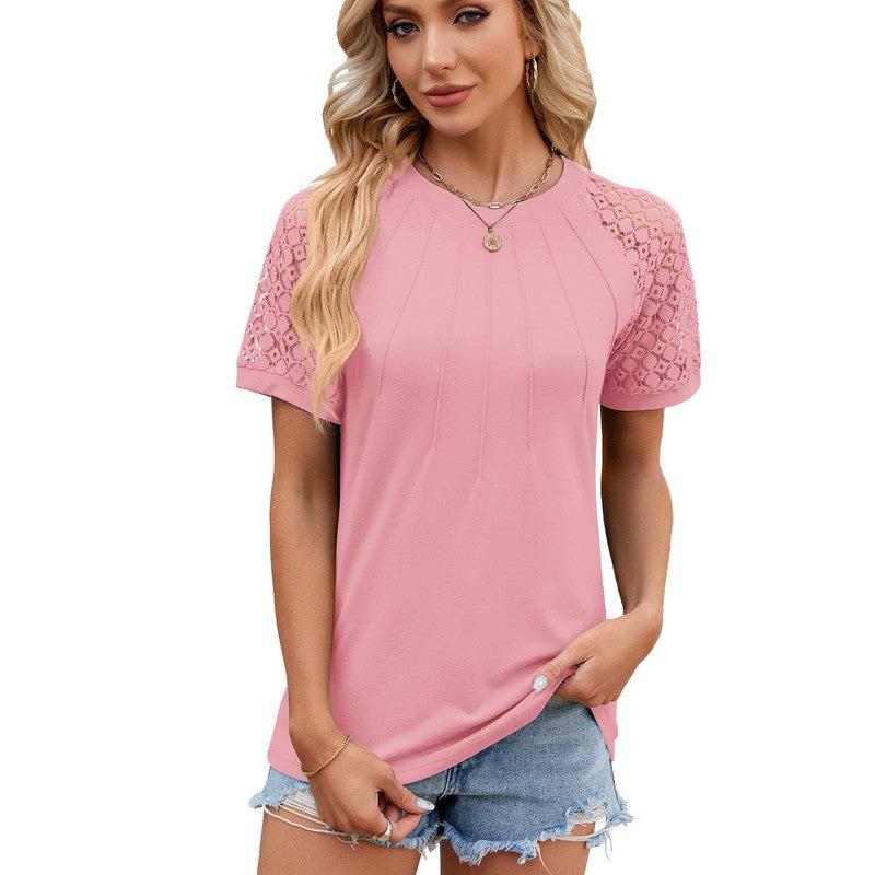 Cheky - Solid Color Round Neck Top Women's Lace Hollow Design Short Sleeve T-Shirt Summer Womens Clothing