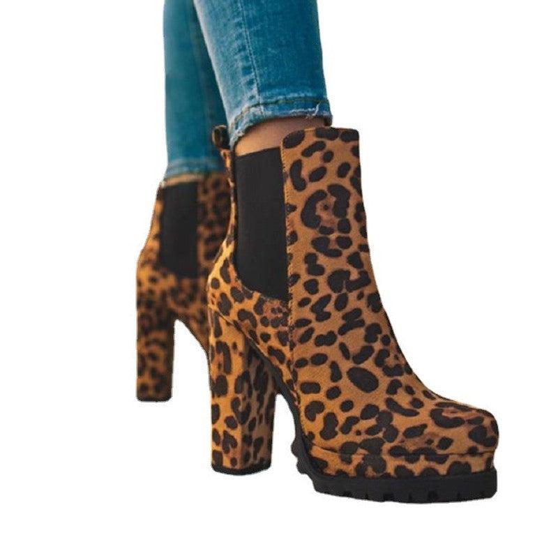 Cheky - Round-toe Ankle Boots Solid Leopard Print Thick Square High Heel Shoes Ladies Casual Fashion Autumn Winter Suede Dress Party Boots