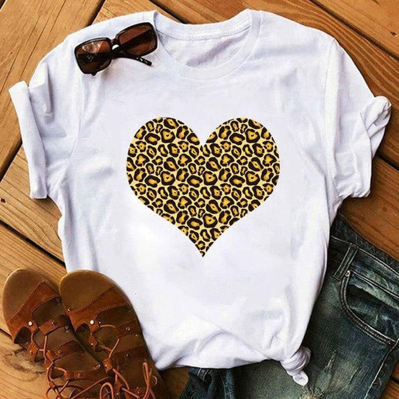 Cheky - Spring Women's Cartoon Leopard Print Heart Printing T-shirt