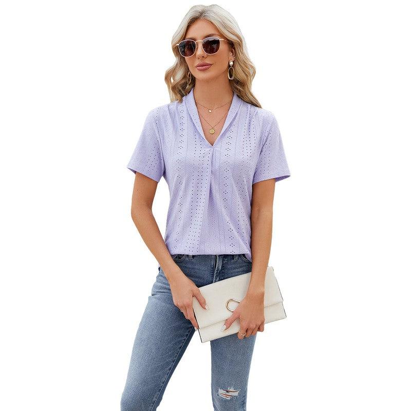 Cheky - V-neck Hollow Design T-shirt Summer Loose Short-sleeved Top For Womens Clothing