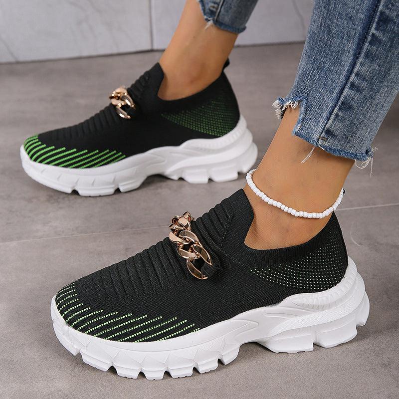 Cheky - Fashion Chain Design Mesh Shoes For Women Breathable Casual Soft Sole Walking Sock Slip On Flat Shoes