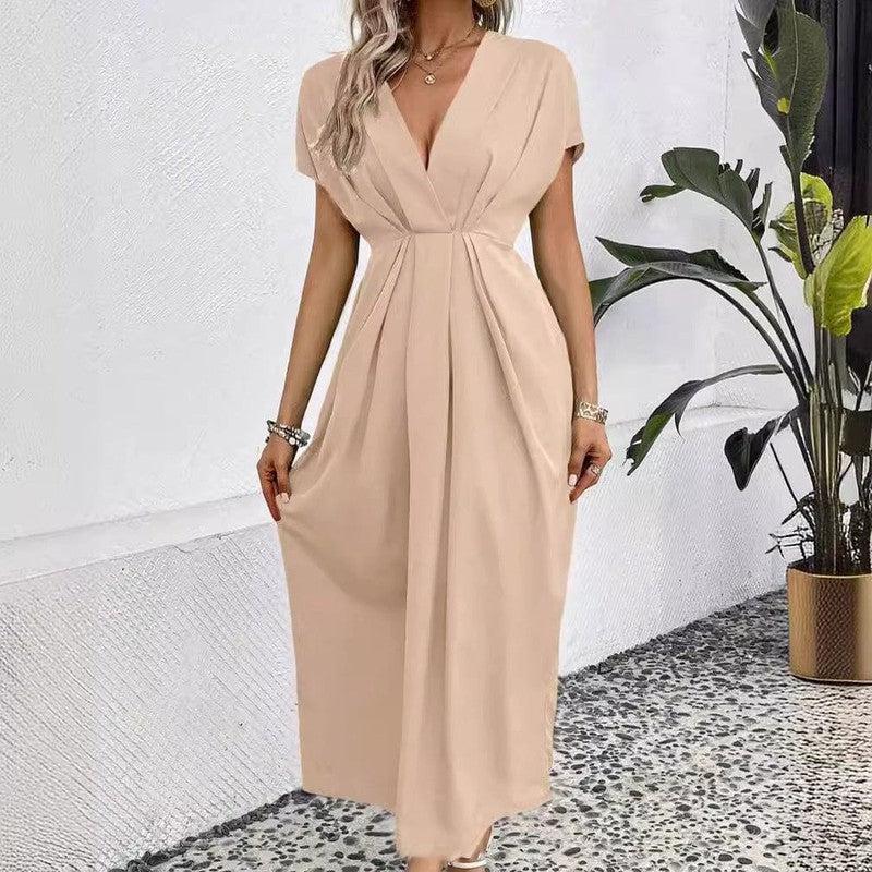 Cheky - Solid Color Deep V Shoulder Sleeve Folding Elastic Waist Long Dress