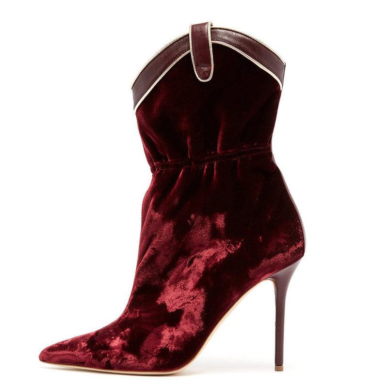 Cheky - Wine Red Velvet Pointed Toe High Heel Short Ankle