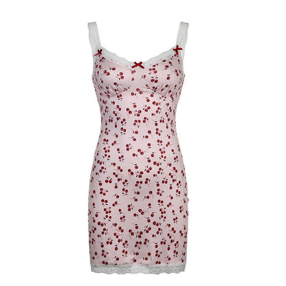 Cheky - Sweet Girlish Cherry Print Lace Splicing Sling Dress