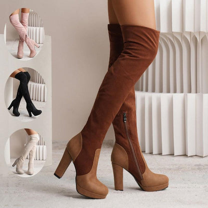 Cheky - New Long Boots For Women Elastic Suede High Square Heel Over-the-knee Boots Fashion Party Shoes Winter