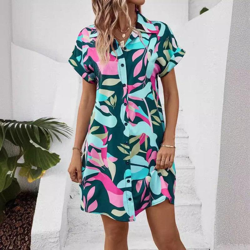 Cheky - New Floral Print Short Sleeve Shirt Dress Summer Fashion Lapel Loose A-line Dresses For Womens Clothing