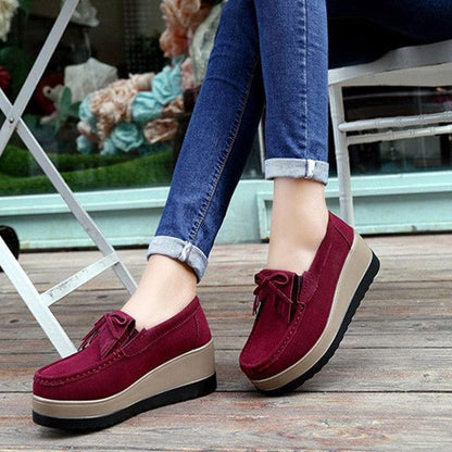 Cheky - New Tassel Bow Design Shoes For Woman Fashion Thick Bottom Wedges Shoes Casual Slip On Solid Color Flats