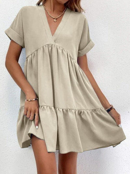 Cheky - New Short-sleeved V-neck Dress Summer Casual Sweet Ruffled Dresses Solid Color Holiday Beach Dress For Womens Clothing