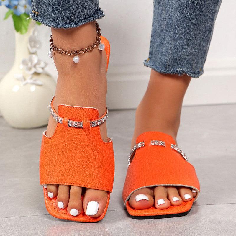 Cheky - Fashion Rhinestone Strap Design Sandals Summer New Square Toe Low Heel Slippers For Women Slides Casual Beach Shoes