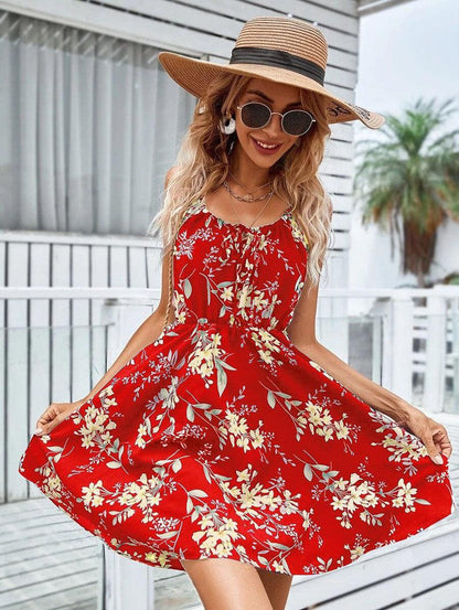 Cheky - Floral Print Suspender Dress With Elastic Waist Design Fashion Summer Short Dresses Womens Clothing