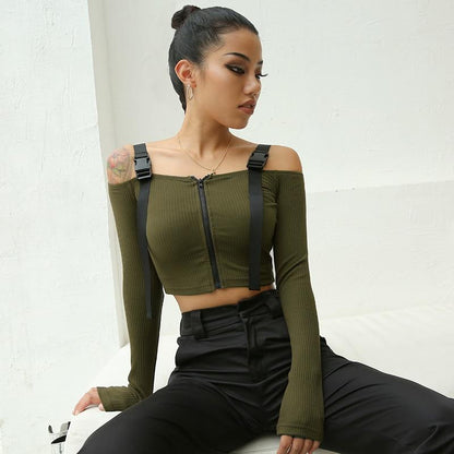 Cheky - OFF SHOULDER BUCKLE STRAP CROP TOP SHIRT