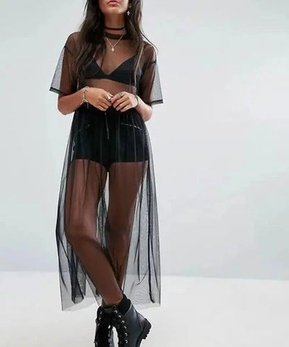 Cheky - Sexy Black Sheer Maxi Dress - See-Through Mesh Evening Wear