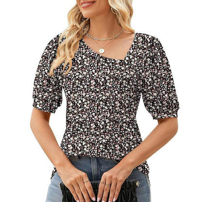 Cheky - Women's Short Sleeve Irregular Puff Sleeve Loose Floral T-shirt