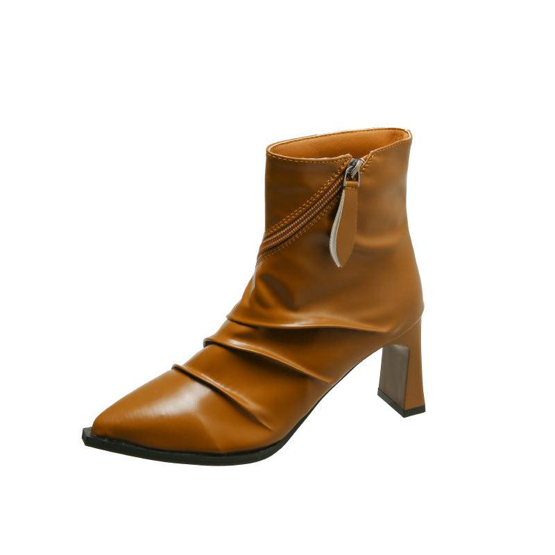 Cheky - Pleated Fashion Boots Women's Pointed Chunky Heel