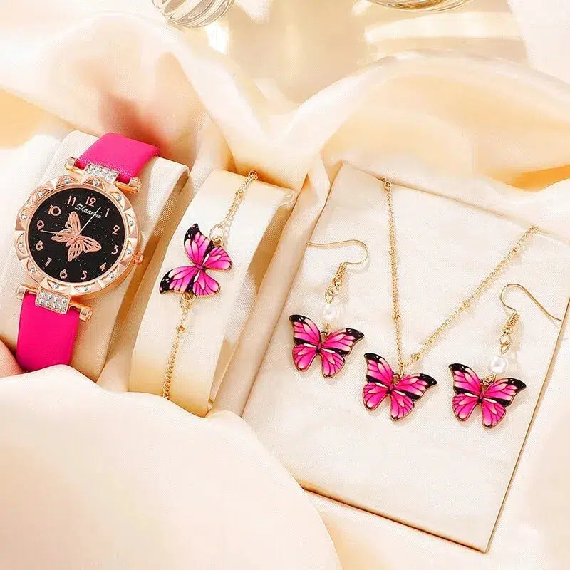 Cheky - 5PCS Set Womens Fashion Quartz Watch Female Clock Rose Red Butterfly Luxury Brand Design Women Watches Simple Ladies Wrist Watch