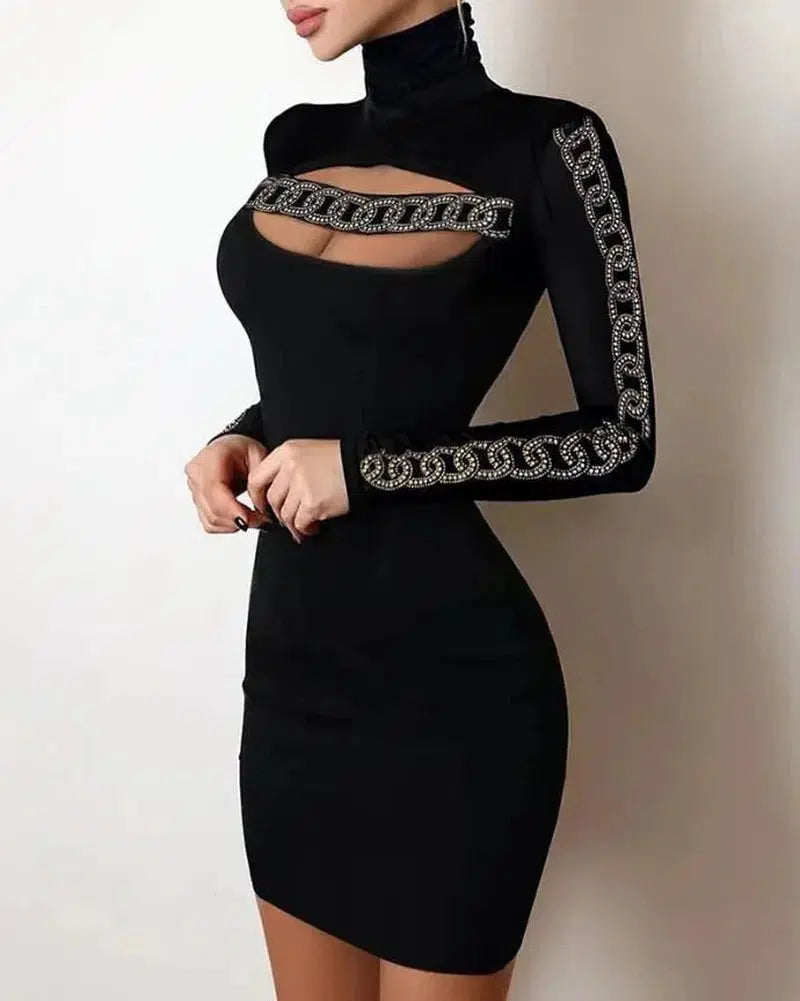 Cheky - Evening Dresses for Women New Elegant Sexy Party Wedding Guest Glitter Contrast Lace Cutout Long Sleeve Bodycon Mini Dress