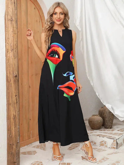 Cheky - Ladies Spring Summer Long Dress Women Black Sleeveless V-neck Loose Party Dresses Casual Face Print Vintage Beach Dress