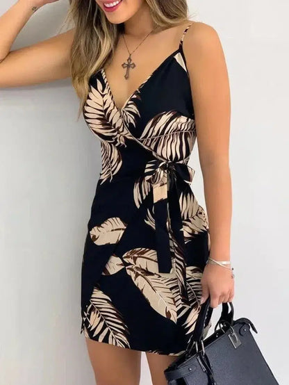 Cheky - Tropical Print V-Neck Wrap Casual Dress