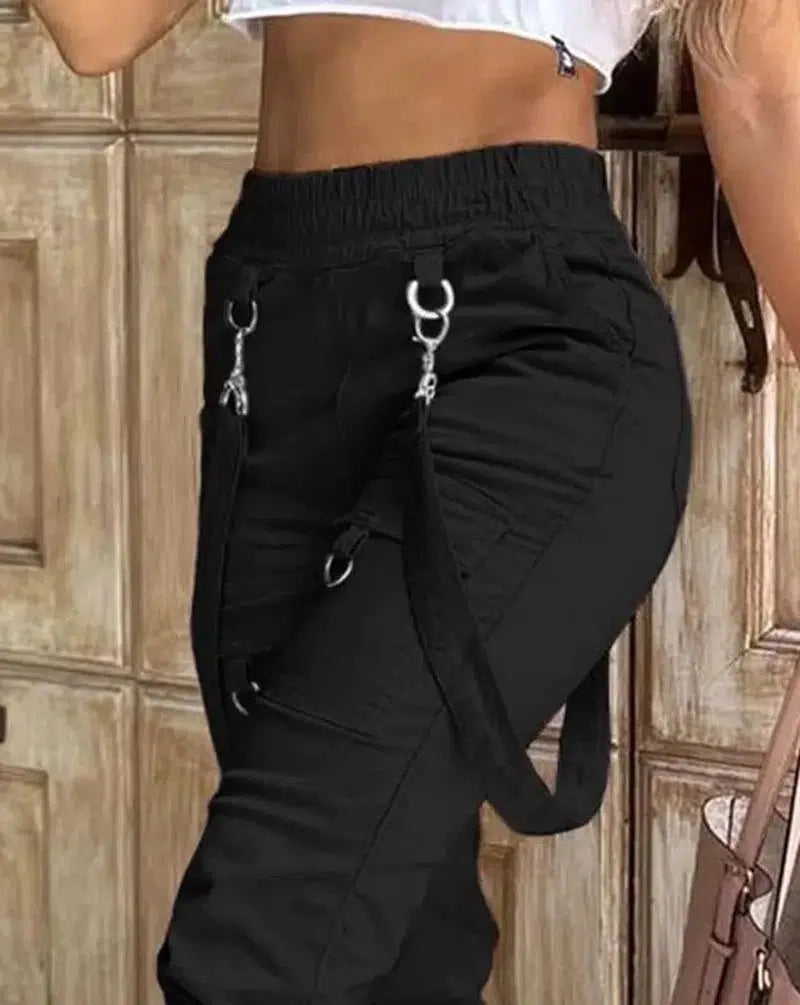 Cheky - Women's Cargo Pants Casual Trousers New Solid Color Trend Street Pocket Design Cuff Suspenders Decorative Cargo Pants