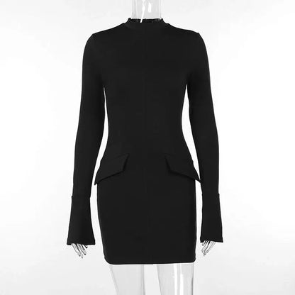 Cheky - Women Elegant Dark Blue Commuting Mini Dress Autumn Sexy Pocket Long Sleeve Bodycon Dresses Lady Chic Party Club Robe