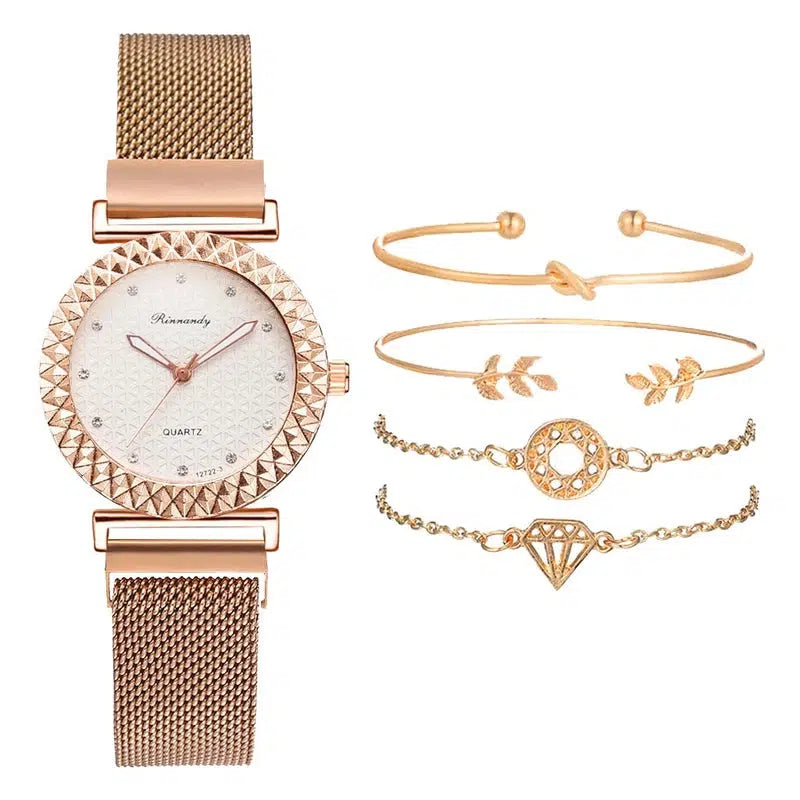 Cheky - 5PCS Women Watch Set Luxury Rose Gold Dress Quartz Watch Bracelet Ladies Sports Wrist Watch Clock Gift Women Relogio Feminino