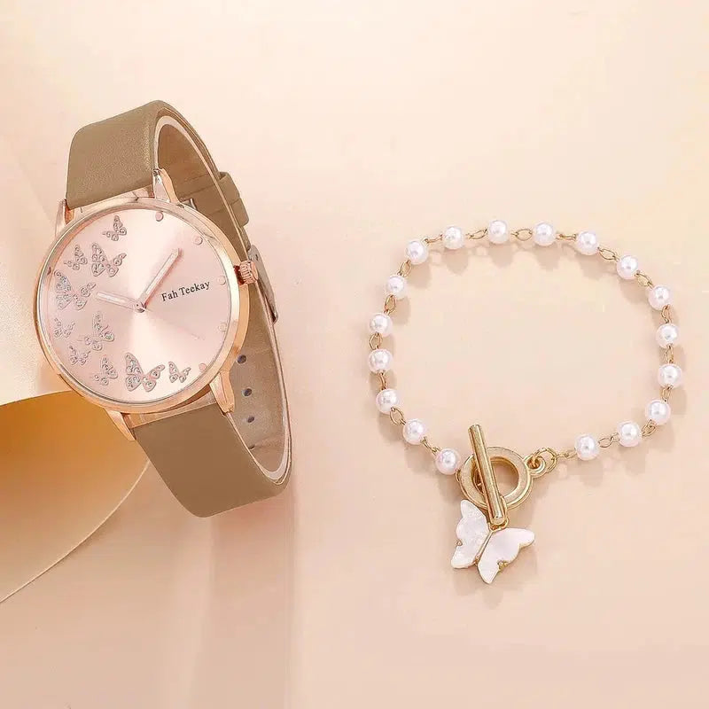 Cheky - 2pcs Set Womens Butterfly Watches Ladies Fashion Watch New Simple Casual Women Analog WristWatch Bracelet Gift