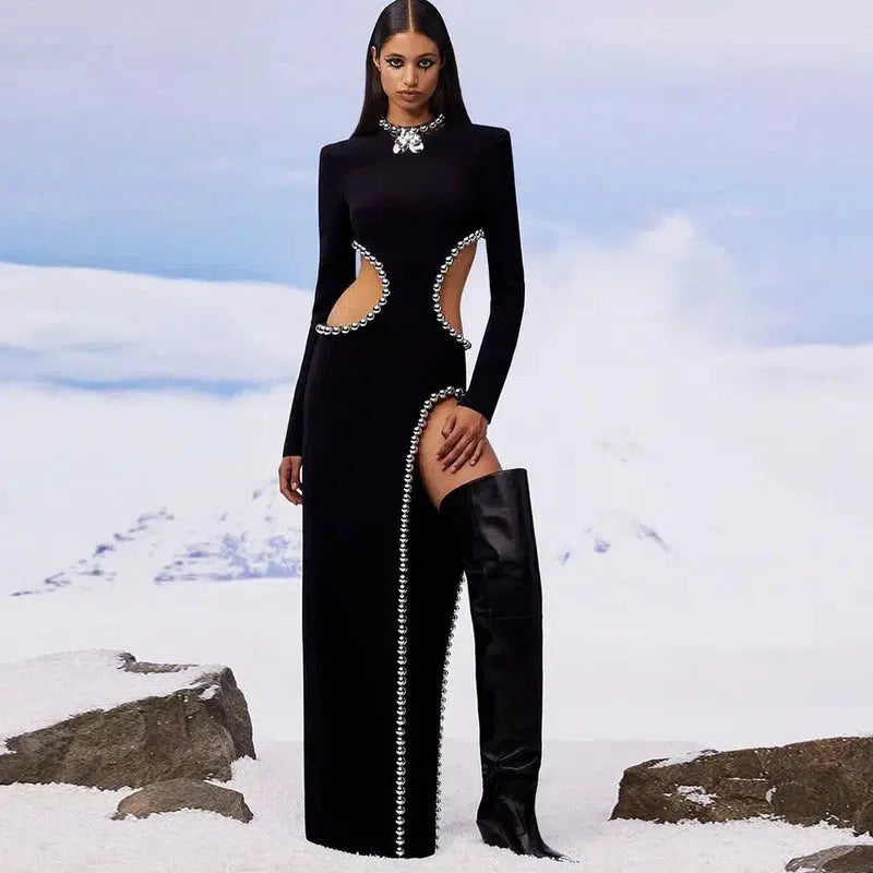 Cheky - Ailigou Fall Winter New Style Women's Sexy O Neck Cutout Black Beaded Long Bodyband Dress Elegant Celebrity Party Dress