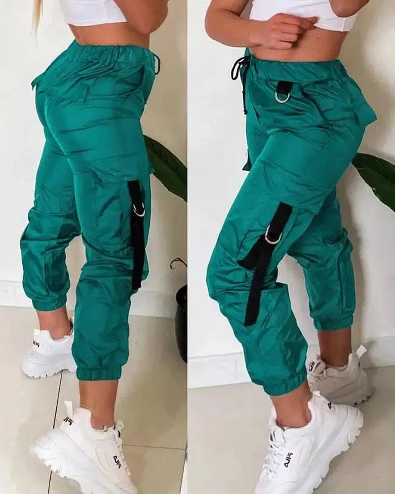 Cheky - Women's Cargo Pants Casual Trousers New Solid Color Trend Street Pocket Design Cuff Suspenders Decorative Cargo Pants