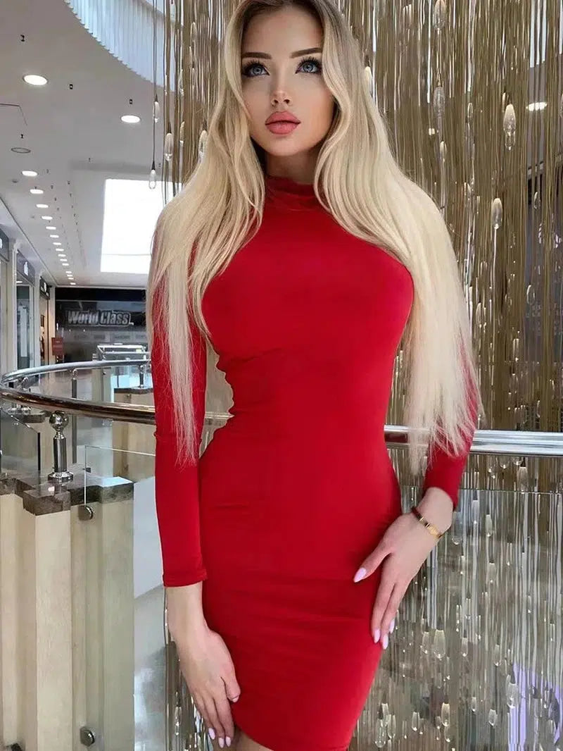 Cheky - New Arrival Turtleneck Long Sleeve Skinny Mini Dress Sexy Skirt Dresses Women Elegant Chest Slim Pleated Dress