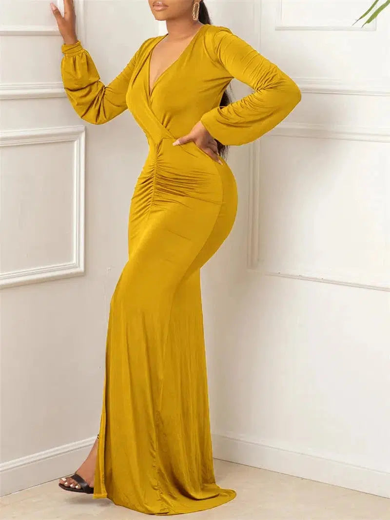 Cheky - Elegant Evening Dresses Long Patry Gown Sexy Deep V Long Sleeve Mermaid Bodycon Split Maxi Robe Femme