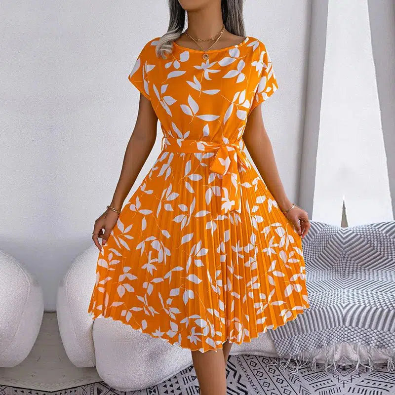 Cheky - Women Spring Summer Short Sleeve High Waist Chic Dress Fashion Floral Pleated A Line Long Dress