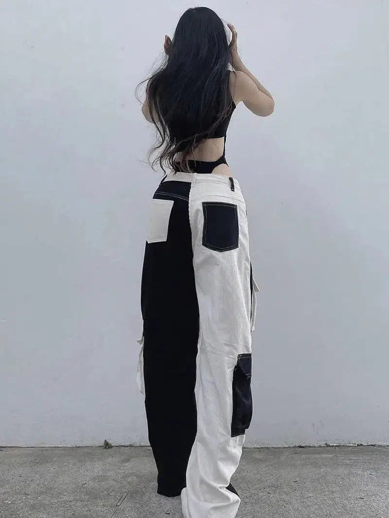 Cheky - Baggy High Waist Contrast Patchwork