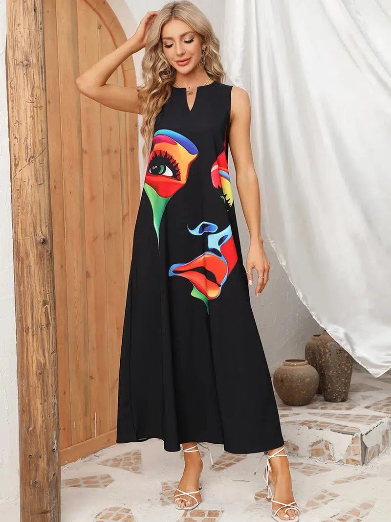 Cheky - Ladies Spring Summer Long Dress Women Black Sleeveless V-neck Loose Party Dresses Casual Face Print Vintage Beach Dress