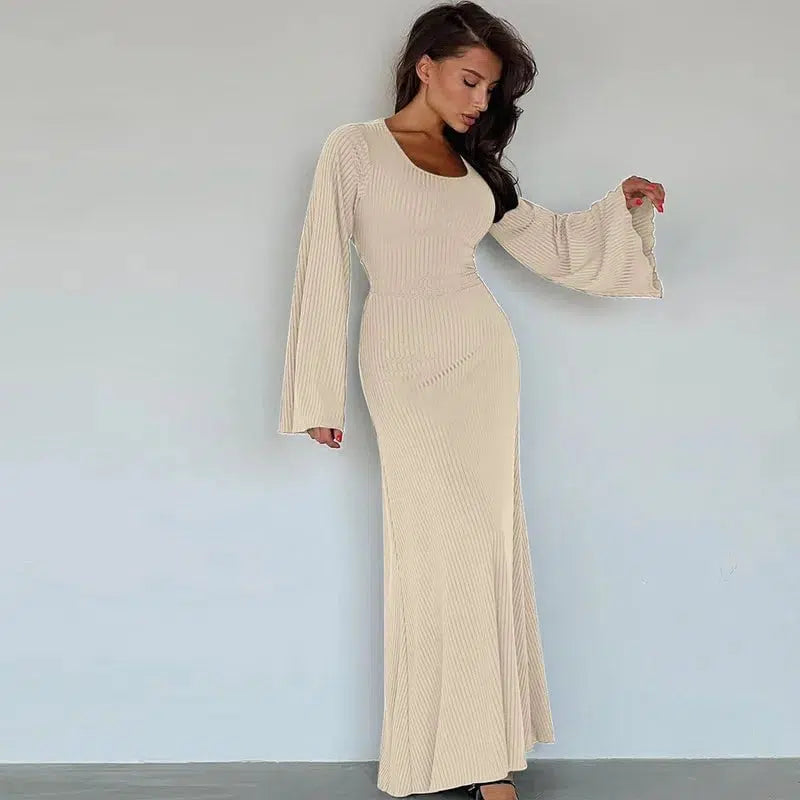 Cheky - Scoop Neck Ribbed Maxi Dress - Lace-Up Long Sleeve