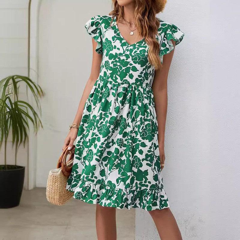 Cheky - Leaf Print Dress Summer V-neck Ruffled Sleeveless A-Line Dresses Fashion Casual Holiday Beach Dress For Womens Clothing