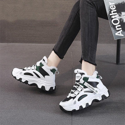 Cheky - Fashion Black White Lace-up Sneakers Winter Warm All-match Plush Shoes Women Plus Velvet Fleece Flat High-top Sports Shoes