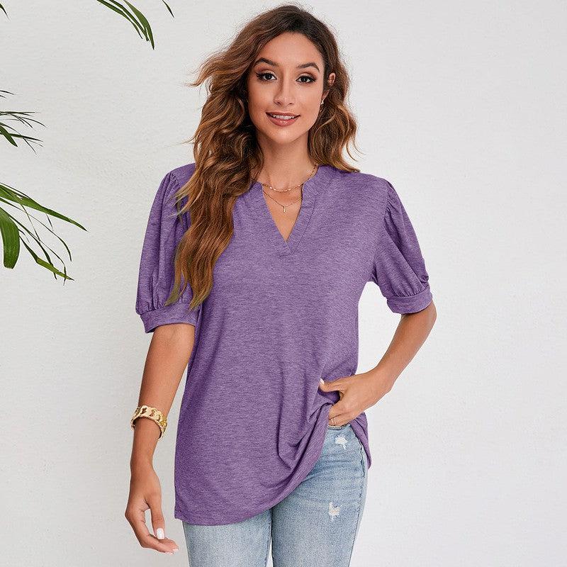 Cheky - Women's Pleated Puff Sleeve Tops Summer V Neck T Shirts Casual Loose Blouses