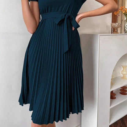 Cheky - Solid Color Belt Pleated Batwing Sleeve Women Long Dress