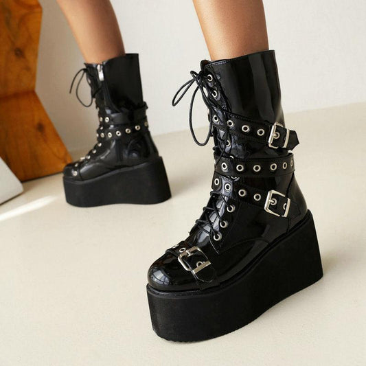 Cheky - Women's British-style Platform Black Rivet Boots