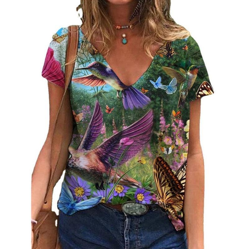 Cheky - Women's Printed Short-sleeved T-shirt V-neck Loose Top