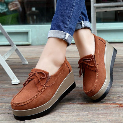 Cheky - New Tassel Bow Design Shoes For Woman Fashion Thick Bottom Wedges Shoes Casual Slip On Solid Color Flats