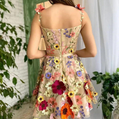 Cheky - Three-dimensional Flower Embroidery Dress Summer Fashion Sweet A-line Suspender Dresses For Womens Clothing