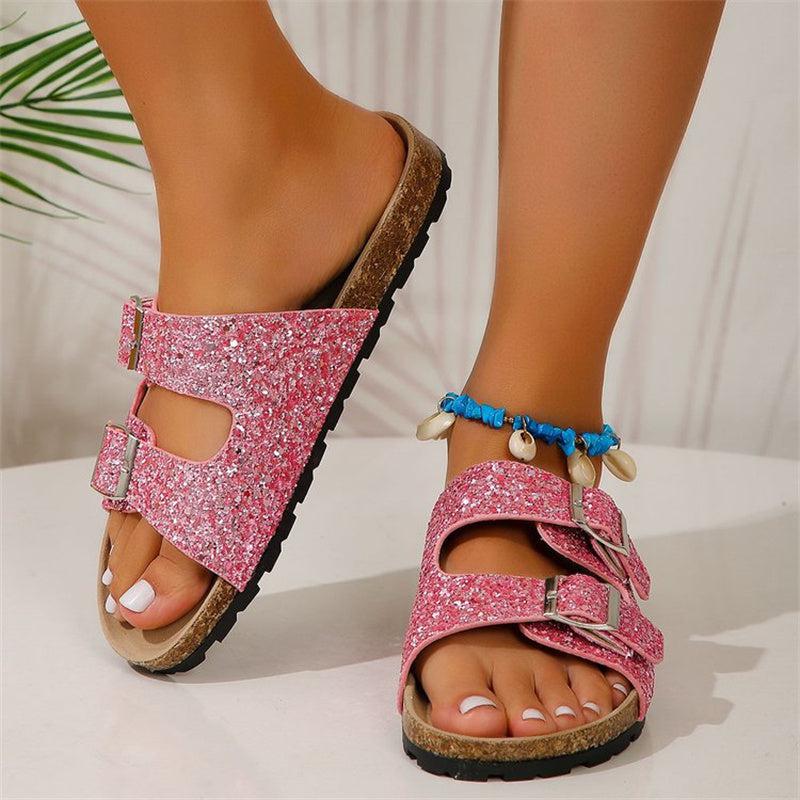 Cheky - Double Buckle Sandals For Women New Fashion Sequined Beach Shoes Summer Leisure Outdoor Slippers Slides