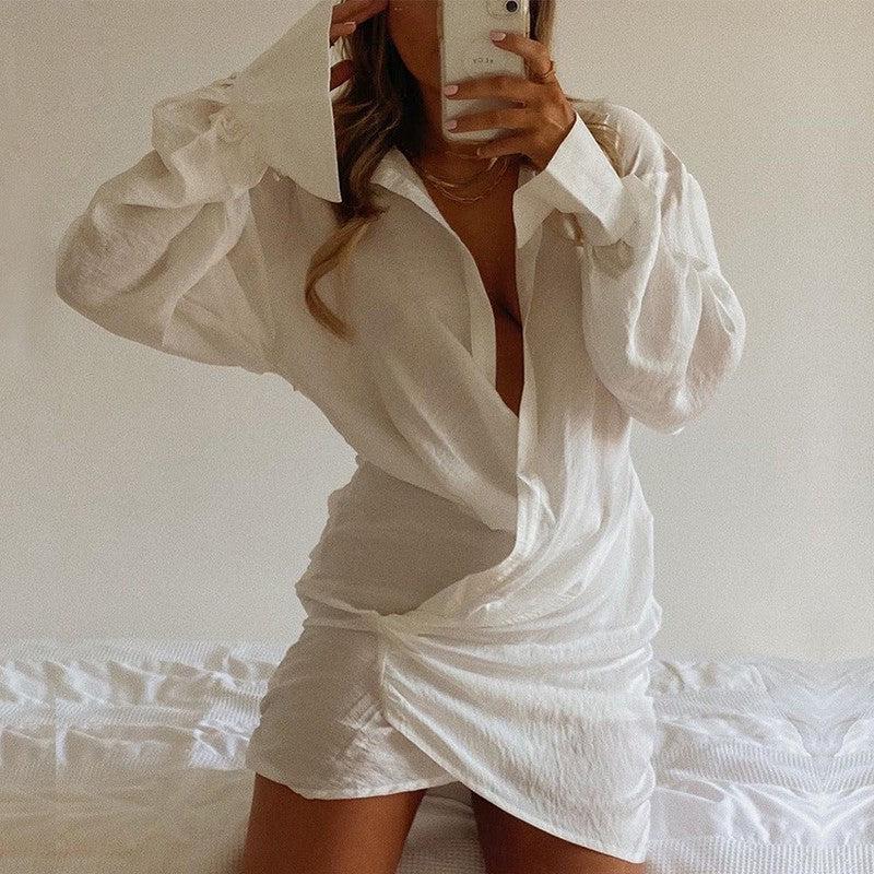 Cheky - White Long-sleeved V-neck Shirt Sexy INS Fashion Linen Short Dress For Women