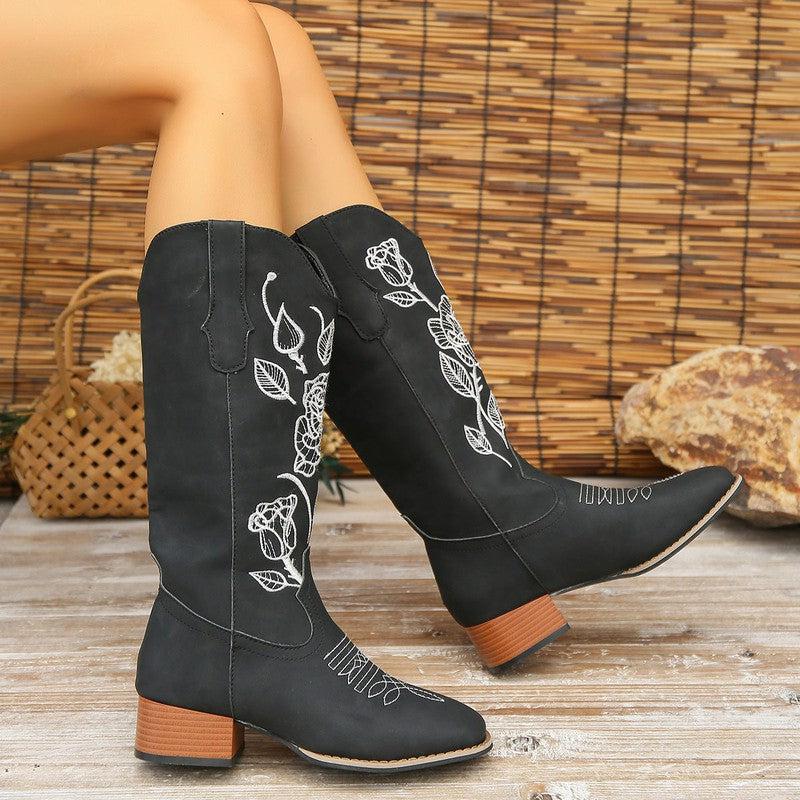 Cheky - Flower Embroider Mid Calf Cowboy Boots Women Autumn Winter Chunky Heels Western Boots Square Toe Denim Long Boots Fashion Shoes